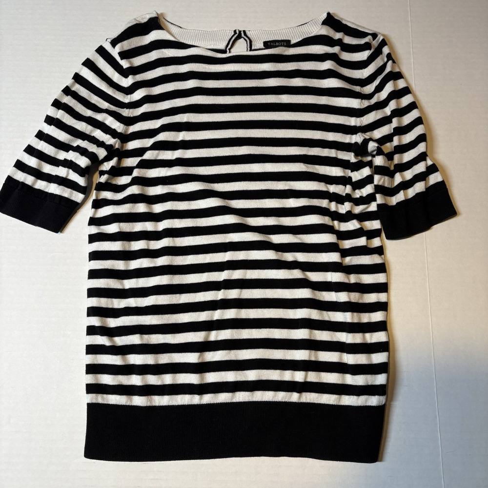 Talbots Black White Stripe Short Sleeve Sweater Top Women's Sz S A3656